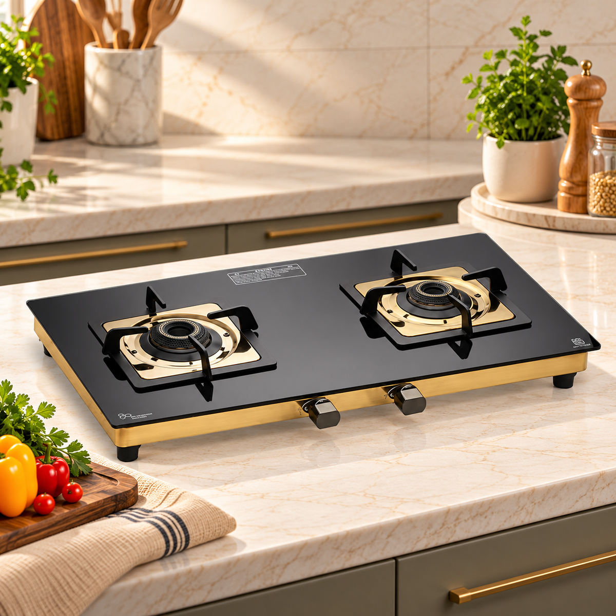 Urban Chef Gas Stove Tempered Glass | ISI Certified Stoves | Kitchen Gas Chulha LPG & PNG Compatible | Brass Burner Manual Ignition Cooktops | Glass Stove, 360° Nozzle-Gold PVD