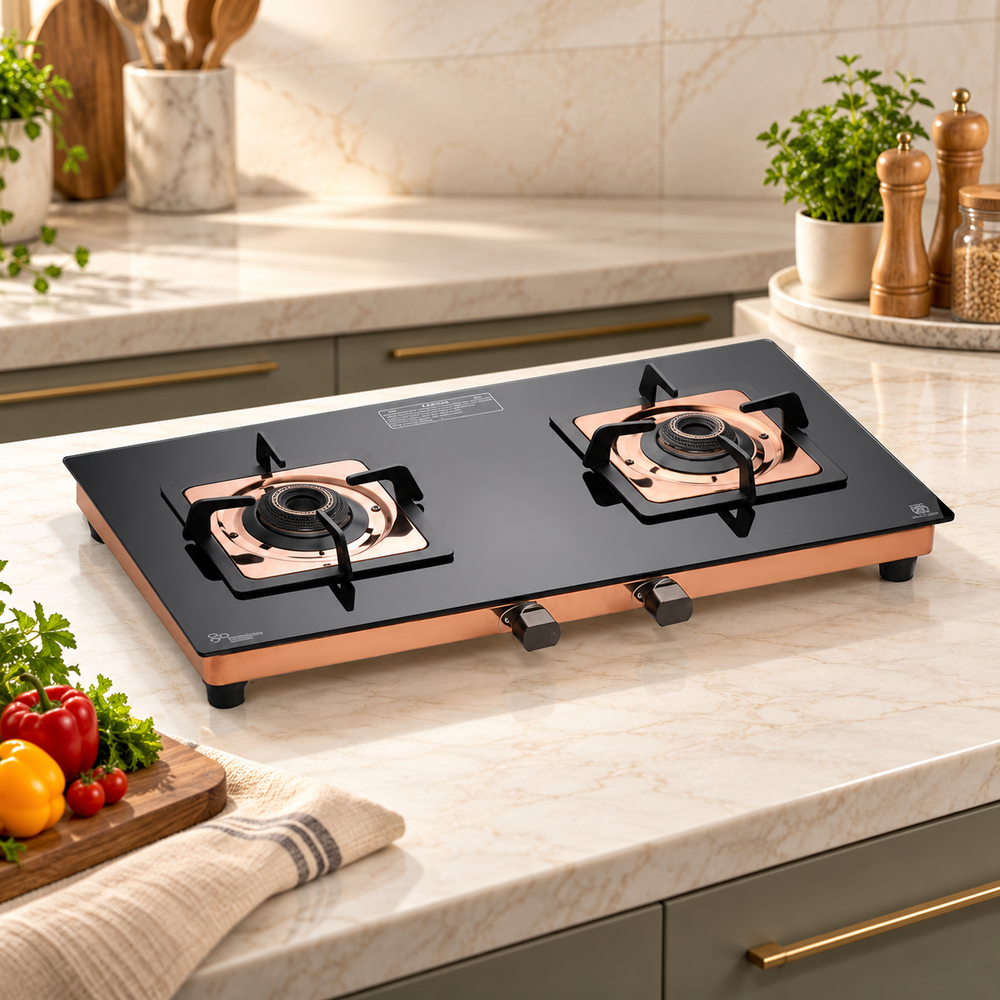 Urban Chef Gas Stove 2 Burners Tempered Glass | ISI Certified 2 Burner Stove | Home & Kitchen Gas Chulha LPG & PNG Compatible | Brass Burner Manual Ignition Cooktops |Stove,360° Nozzle | Rose Gold PVD