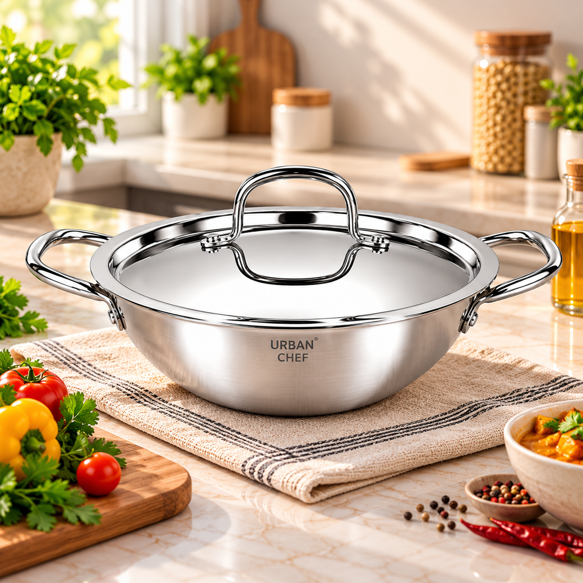 URBAN CHEF Triply Stainless Steel Kadhai with Lid 24cm | 3-Layer Triply Base | Stainless Steel Handles | Induction & Gas Compatible | Deep Frying kadai | Rust-Proof | Mirror Finish