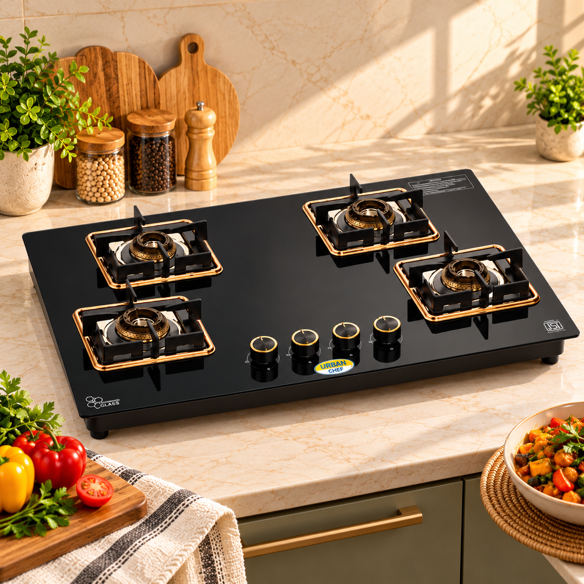 Urban Chef Gas Stove Glass Top | ISI Certified Stoves | Gas Chulha LPG & PNG | Brass Burner Auto Ignition Cooktops | Hob Top, Easy Grip Knobs Toughened Glass Stove,360° Nozzle