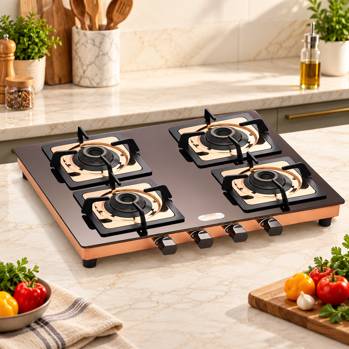 Urban Chef Gas Stove 4 Burners Glass Top | ISI Certified 4 Burner Stoves | Kitchen Gas Chulha LPG & PNG Compatible | Toughned Brass Burner Manual Ignition Cooktops | Stove,360° Nozzle-Rose Gold PVD