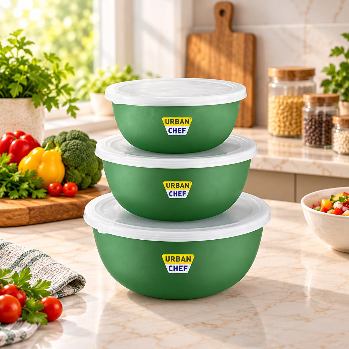 URBAN CHEF Mixing Bowl Set of 3 Stainless Steel (500ml, 800ml, 1250ml) | Microwave Safe & Dishwasher Safe | ISI Certified Bowls | Bowl Set With Lid | Serving Bowls | Blue