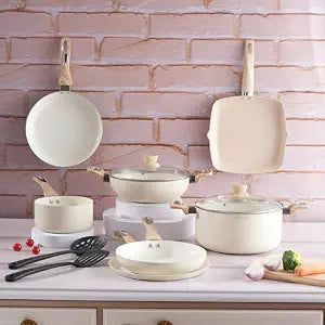 COOKAID Cookware Set Non Stick | 11Pcs Set - Kadhai & Casserole with Lid, 2Fry Pan, Toasting Pan, Saucepan & Dosa Tawa with 2Pcs Nylon Tool | Gas & Induction Compatible (Black, Cookware 11 pcs)