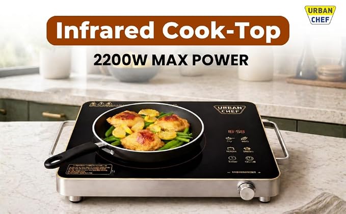 URBAN CHEF Grace Pro Infrared Cooktop 2200W | Touch Control Panel | Timer & Boost Mode With Digital Disply | Fast & Even Heating |Compatible with Glass,Stainless Steel, Aluminium (Black.)