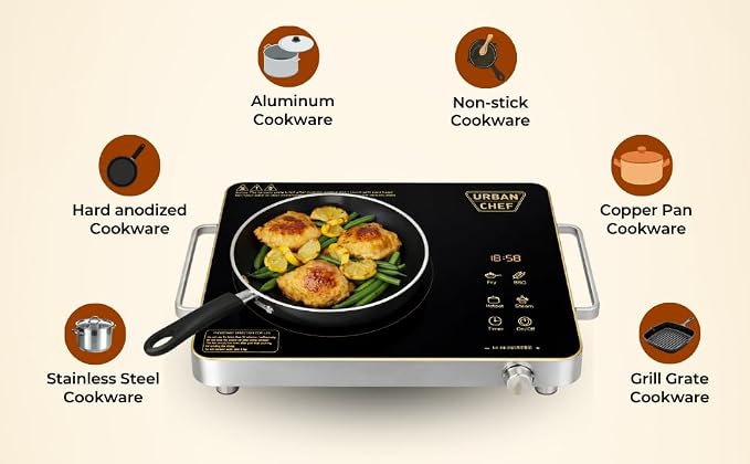 URBAN CHEF Grace Pro Infrared Cooktop 2200W | Touch Control Panel | Timer & Boost Mode With Digital Disply | Fast & Even Heating |Compatible with Glass,Stainless Steel, Aluminium (Black.)