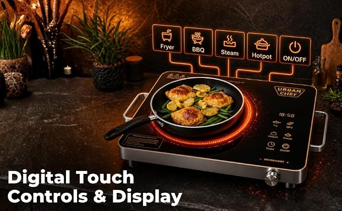 URBAN CHEF Grace Pro Infrared Cooktop 2200W | Touch Control Panel | Timer & Boost Mode With Digital Disply | Fast & Even Heating |Compatible with Glass,Stainless Steel, Aluminium (Black.)