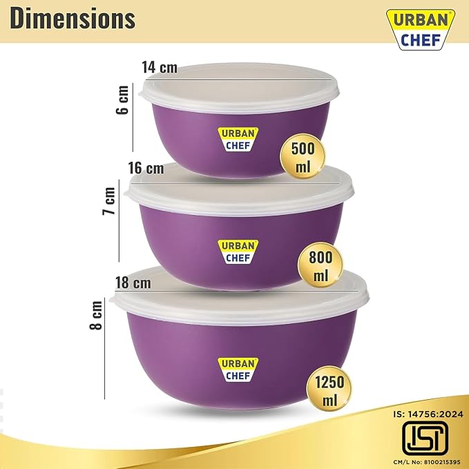 URBAN CHEF Mixing Bowl Set of 3 Stainless Steel (500ml, 800ml, 1250ml) | Microwave Safe & Dishwasher Safe | ISI Certified Bowls | Bowl Set With Lid | Serving Bowls | Blue