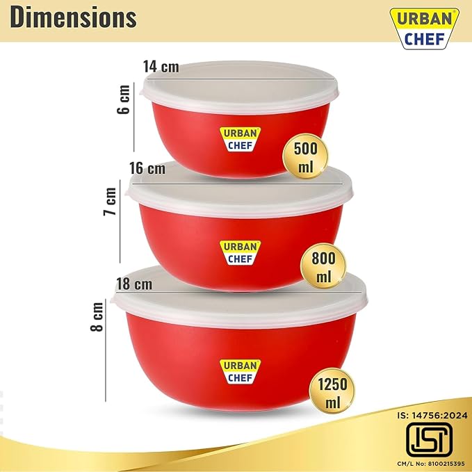 URBAN CHEF Mixing Bowl Set of 3 Stainless Steel (500ml, 800ml, 1250ml) | Microwave Safe & Dishwasher Safe | ISI Certified Bowls | Bowl Set With Lid | Serving Bowls | Blue