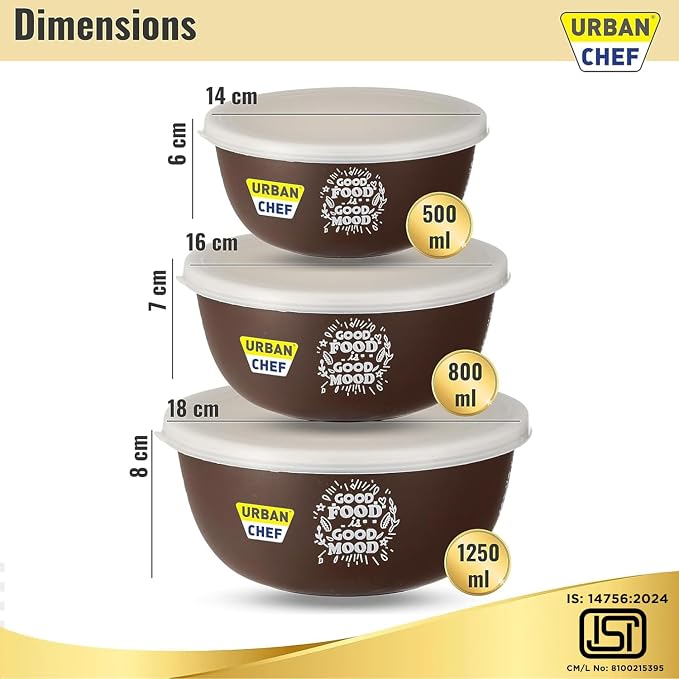 URBAN CHEF Mixing Bowl Set of 3 Stainless Steel (500ml, 800ml, 1250ml) | Microwave Safe & Dishwasher Safe | ISI Certified Bowls | Bowl Set With Lid | Serving Bowls | Blue