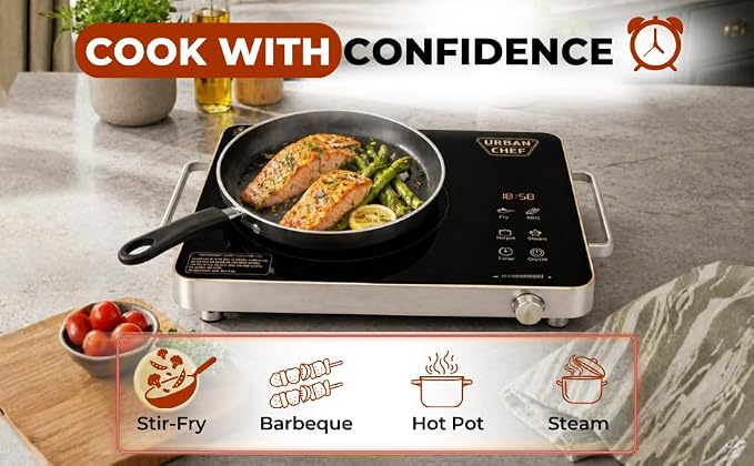 URBAN CHEF Grace Pro Infrared Cooktop 2200W | Touch Control Panel | Timer & Boost Mode With Digital Disply | Fast & Even Heating |Compatible with Glass,Stainless Steel, Aluminium (Black.)