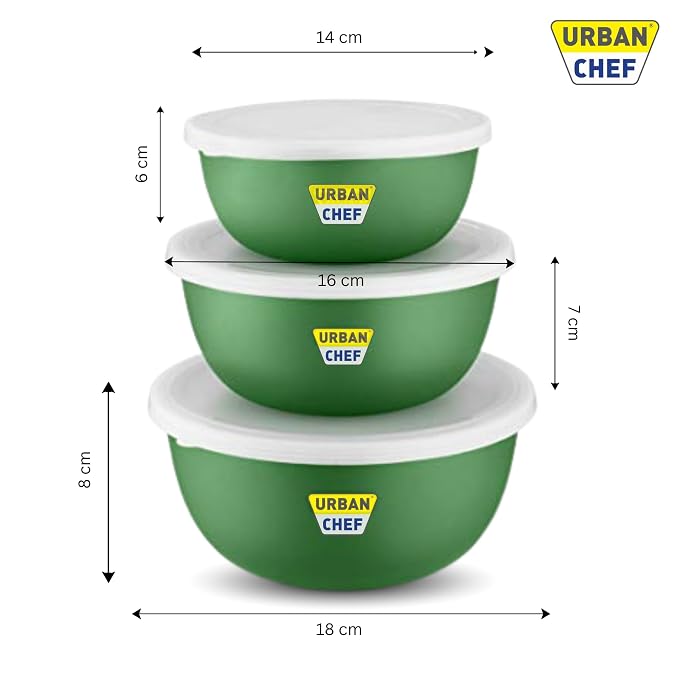 URBAN CHEF Mixing Bowl Set of 3 Stainless Steel (500ml, 800ml, 1250ml) | Microwave Safe & Dishwasher Safe | ISI Certified Bowls | Bowl Set With Lid | Serving Bowls | Blue