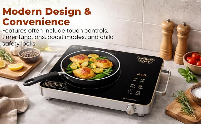 URBAN CHEF Grace Pro Infrared Cooktop 2200W | Touch Control Panel | Timer & Boost Mode With Digital Disply | Fast & Even Heating |Compatible with Glass,Stainless Steel, Aluminium (Black.)