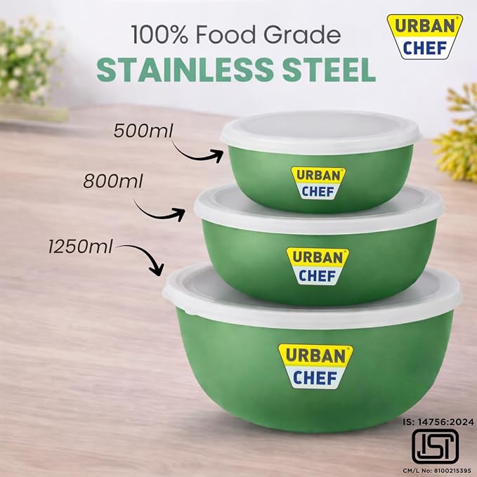 URBAN CHEF Mixing Bowl Set of 3 Stainless Steel (500ml, 800ml, 1250ml) | Microwave Safe & Dishwasher Safe | ISI Certified Bowls | Bowl Set With Lid | Serving Bowls | Blue