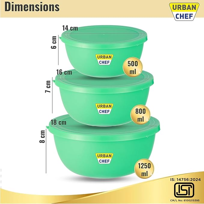 URBAN CHEF Mixing Bowl Set of 3 Stainless Steel (500ml, 800ml, 1250ml) | Microwave Safe & Dishwasher Safe | ISI Certified Bowls | Bowl Set With Lid | Serving Bowls | Blue