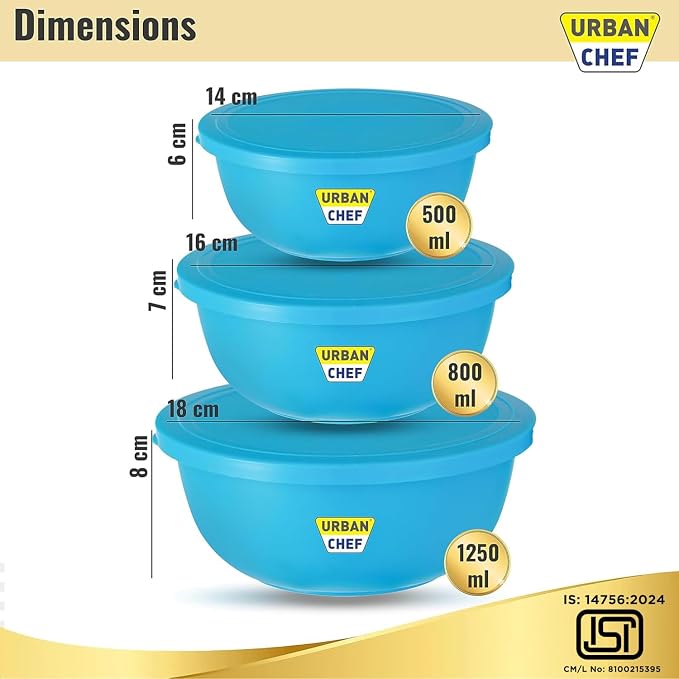URBAN CHEF Mixing Bowl Set of 3 Stainless Steel (500ml, 800ml, 1250ml) | Microwave Safe & Dishwasher Safe | ISI Certified Bowls | Bowl Set With Lid | Serving Bowls | Blue