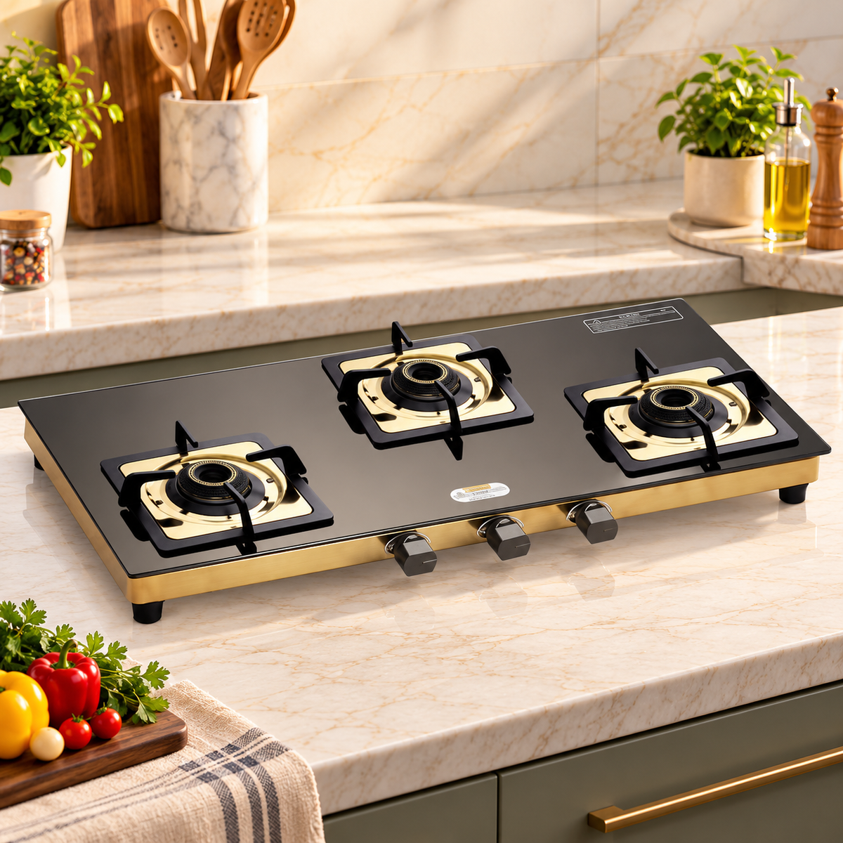 Urban Chef Gas Stove Tempered Glass | ISI Certified Stoves | Kitchen Gas Chulha LPG & PNG Compatible | Brass Burner Manual Ignition Cooktops | Glass Stove, 360° Nozzle-Gold PVD