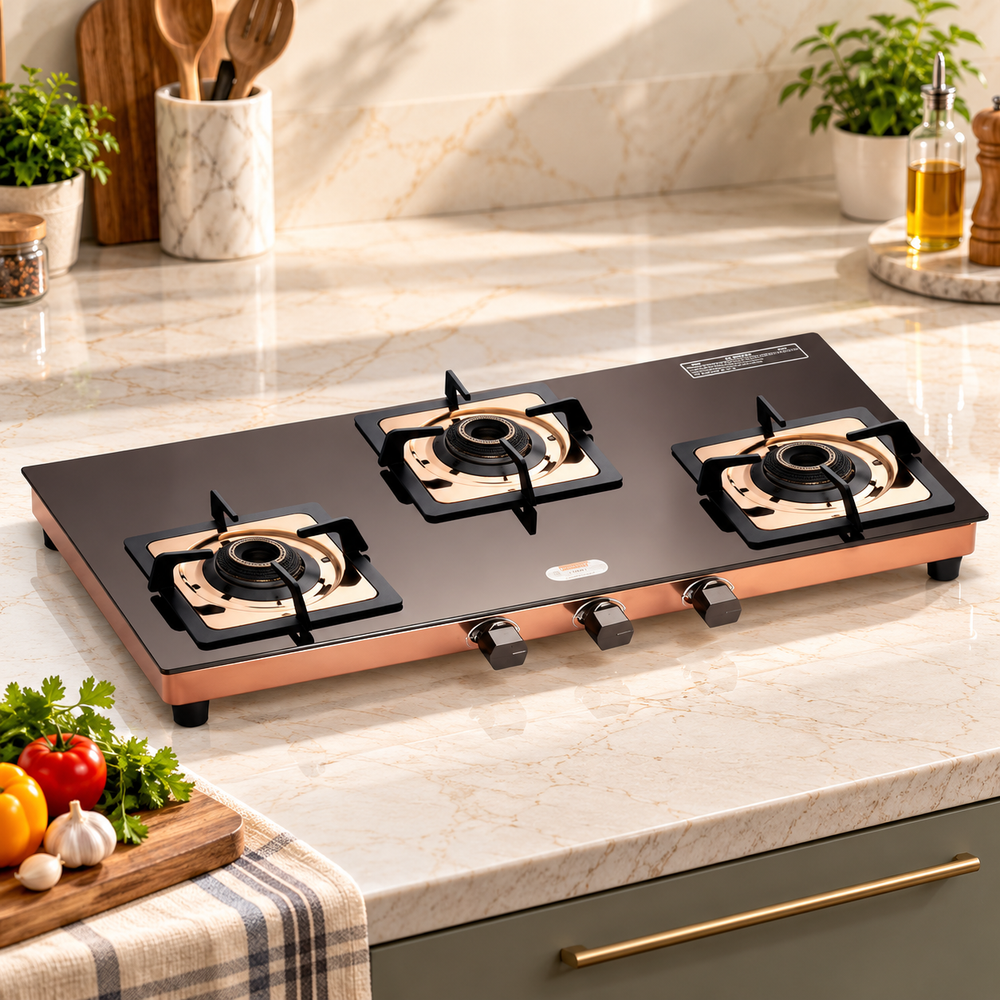 Urban Chef Gas Stove 3 Burners Glass Top | ISI Certified 3 Burner Stoves | Home & Kitchen Gas Chulha LPG & PNG Compatible | Brass Burner Manual Ignition Cooktops | Gas Stove, 360° Nozzle-Rose Gold PVD