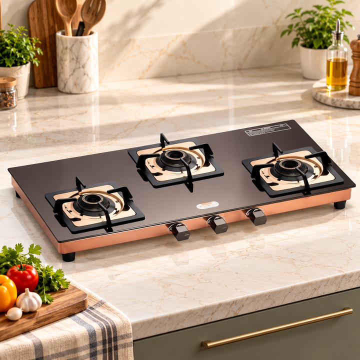 Urban Chef Gas Stove 3 Burners Glass Top | ISI Certified 3 Burner Stoves | Home & Kitchen Gas Chulha LPG & PNG Compatible | Brass Burner Manual Ignition Cooktops | Gas Stove, 360° Nozzle-Rose Gold PVD