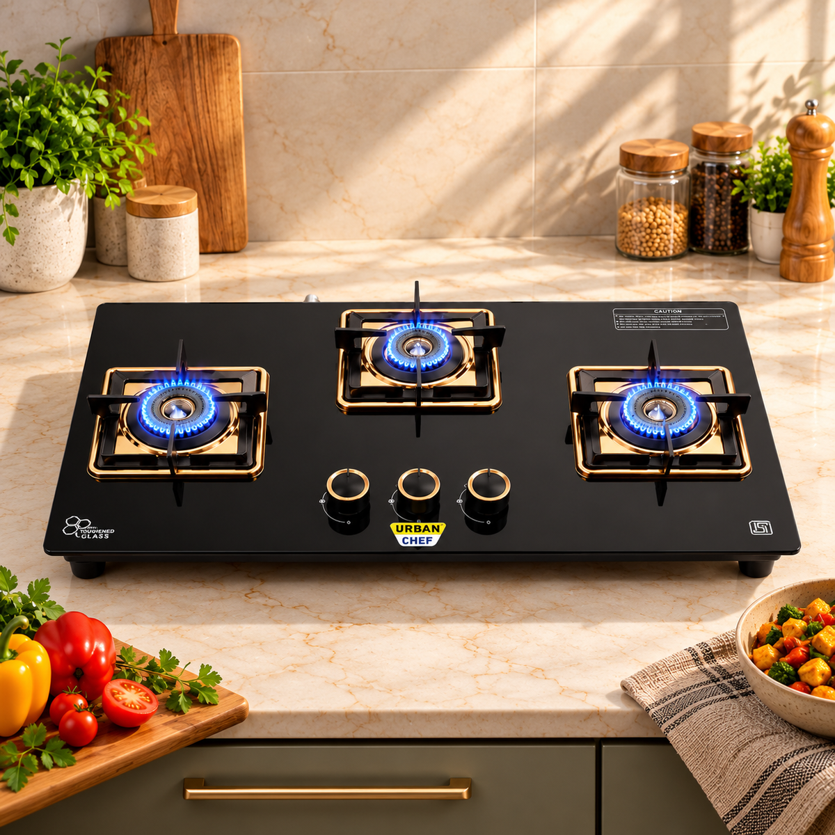 Urban Chef Gas Stove Glass Top | ISI Certified Stoves | Gas Chulha LPG & PNG | Brass Burner Auto Ignition Cooktops | Hob Top, Easy Grip Knobs Toughened Glass Stove,360° Nozzle