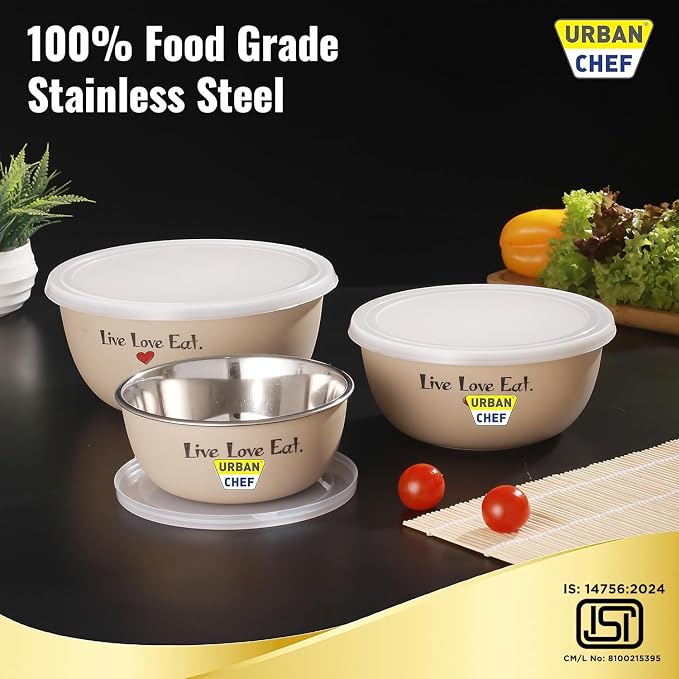 URBAN CHEF Mixing Bowl Set of 3 Stainless Steel (500ml, 800ml, 1250ml) | Microwave Safe & Dishwasher Safe | ISI Certified Bowls | Bowl Set With Lid | Serving Bowls | Blue