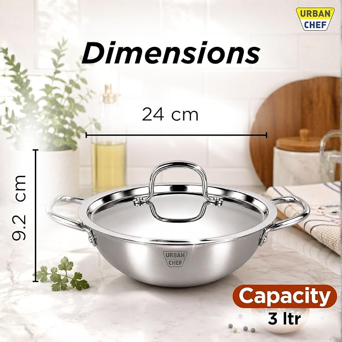 URBAN CHEF Triply Stainless Steel Kadhai with Lid 24cm | 3-Layer Triply Base | Stainless Steel Handles | Induction & Gas Compatible | Deep Frying kadai | Rust-Proof | Mirror Finish
