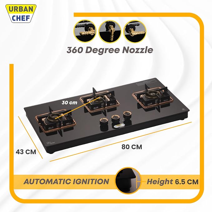Urban Chef Gas Stove Glass Top | ISI Certified Stoves | Gas Chulha LPG & PNG | Brass Burner Auto Ignition Cooktops | Hob Top, Easy Grip Knobs Toughened Glass Stove,360° Nozzle