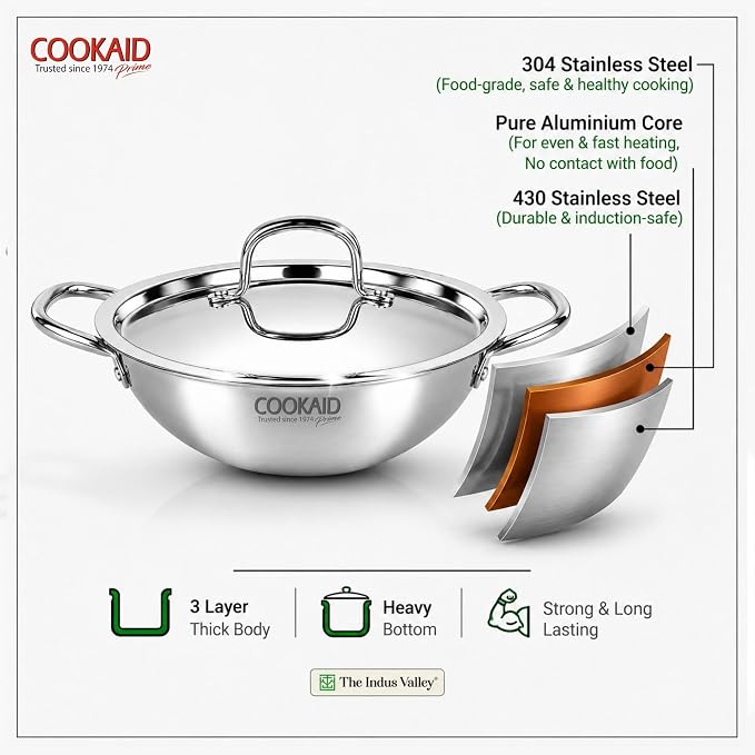Cookaid Triply Stainless Steel Kadhai 24cm with Lid | 3-Layer Triply Base | Stainless Steel Handles | Induction & Gas Compatible | Heavy Gauge | Rust-Proof | Mirror Finish | SS With Lid