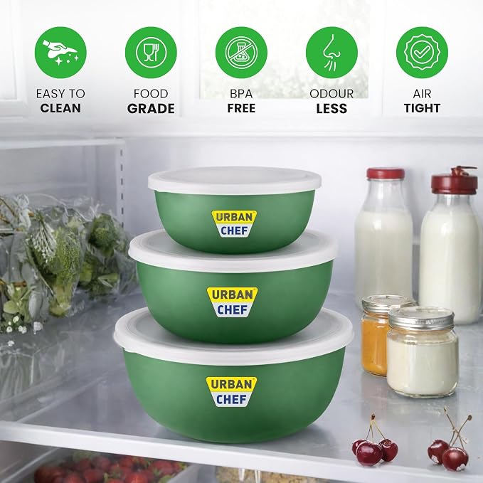 URBAN CHEF Mixing Bowl Set of 3 Stainless Steel (500ml, 800ml, 1250ml) | Microwave Safe & Dishwasher Safe | ISI Certified Bowls | Bowl Set With Lid | Serving Bowls | Blue