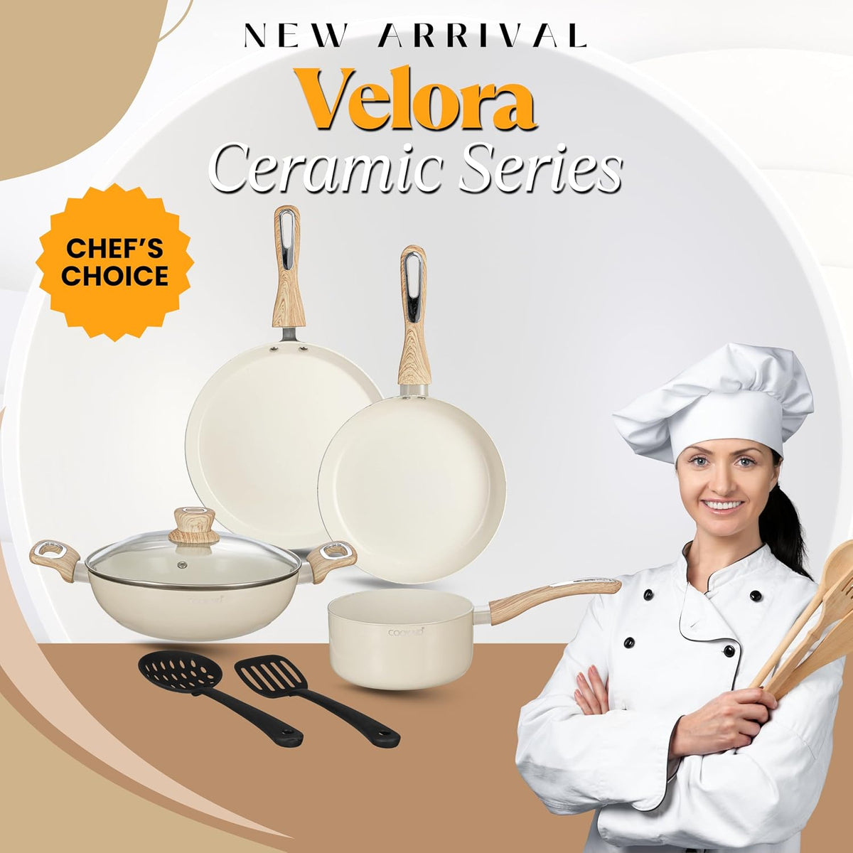 COOKAID Cookware Set Non Stick | 7 Pcs Set - Kadhai with Lid, Fry Pan, Saucepan & Dosa Tawa with 2Pcs Nylon Tool | ISI Certified | Gas & Induction Compatible | Velora - Cream
