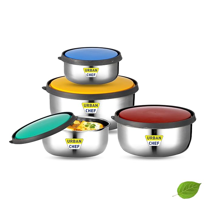 URBAN CHEF Fresca Stainless Steel Push & Lock Bowl Storage Set with Multi Colour Lid, 4-Pieces, 500 ml, 750 ml, 1150 ml, 1650 m