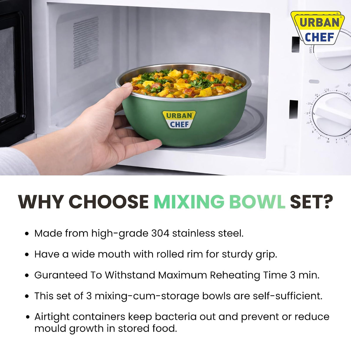 URBAN CHEF Mixing Bowl Set of 3 Stainless Steel (500ml, 800ml, 1250ml) | Microwave Safe & Dishwasher Safe | ISI Certified Bowls | Bowl Set With Lid | Serving Bowls | Blue