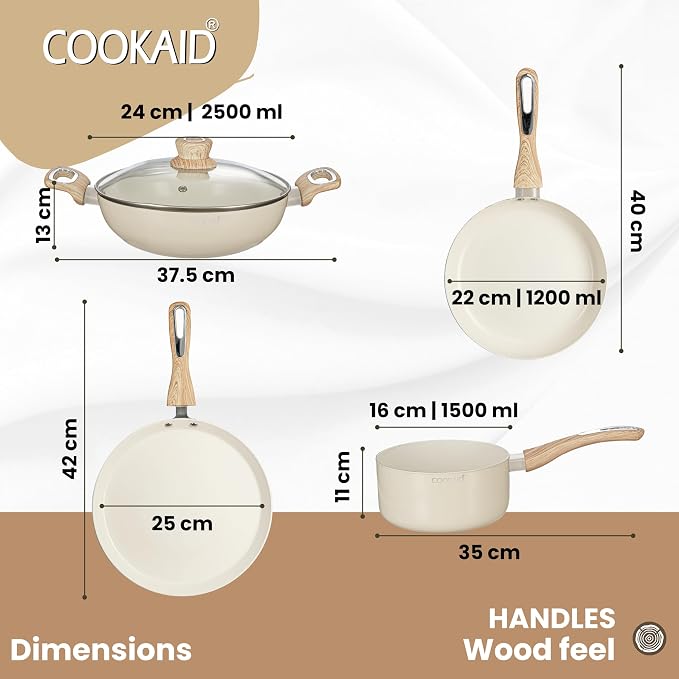 COOKAID Cookware Set Non Stick | 7 Pcs Set - Kadhai with Lid, Fry Pan, Saucepan & Dosa Tawa with 2Pcs Nylon Tool | ISI Certified | Gas & Induction Compatible | Velora - Cream