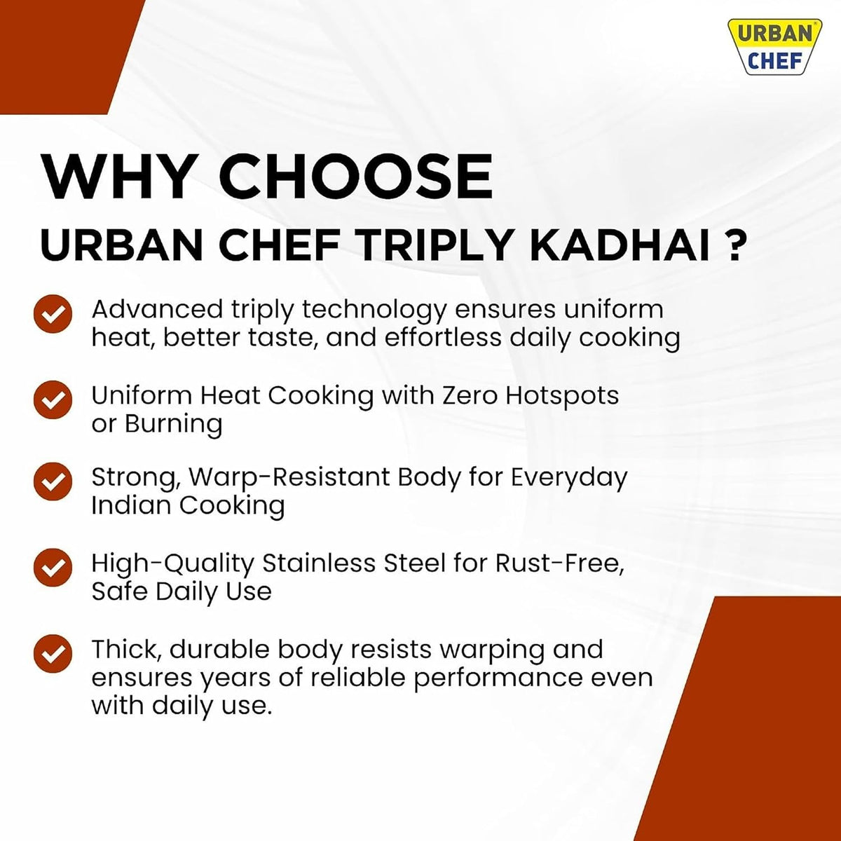 URBAN CHEF Triply Stainless Steel Kadhai with Lid 24cm | 3-Layer Triply Base | Stainless Steel Handles | Induction & Gas Compatible | Deep Frying kadai | Rust-Proof | Mirror Finish