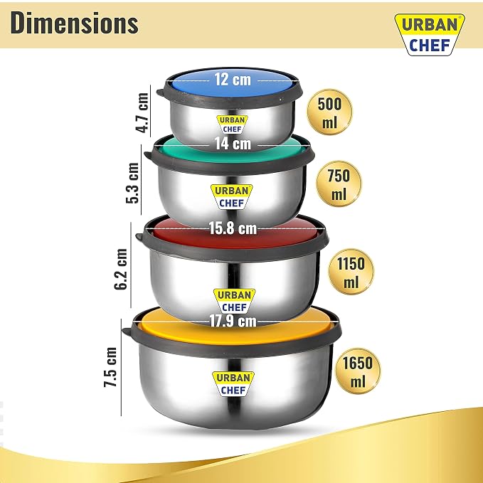 URBAN CHEF Fresca Stainless Steel Push & Lock Bowl Storage Set with Multi Colour Lid, 4-Pieces, 500 ml, 750 ml, 1150 ml, 1650 m