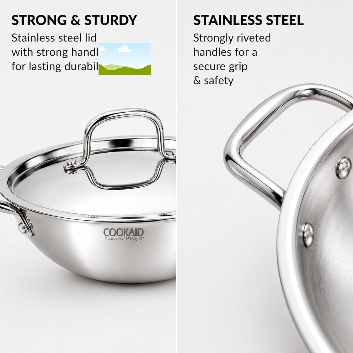 Cookaid Triply Stainless Steel Kadhai 24cm with Lid | 3-Layer Triply Base | Stainless Steel Handles | Induction & Gas Compatible | Heavy Gauge | Rust-Proof | Mirror Finish | SS With Lid