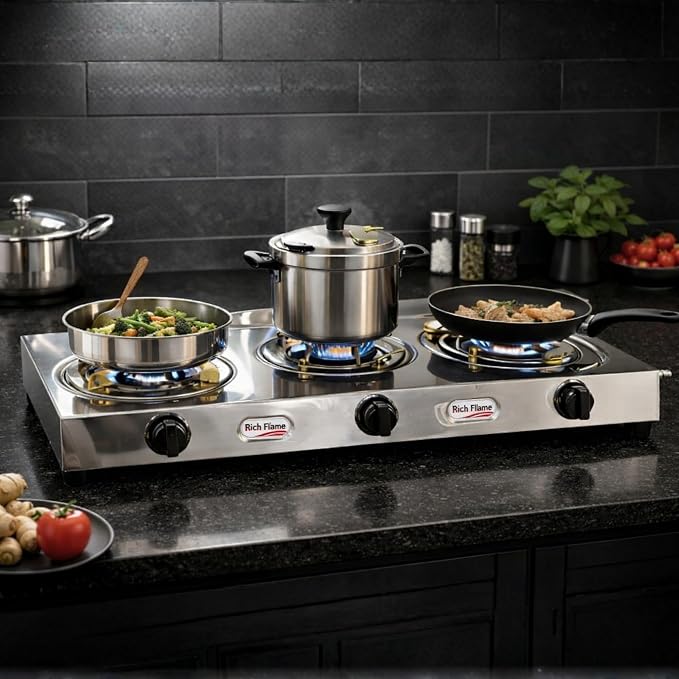 Rich Flame Gas Stove 3 Burners Steel Body | ISI Certified 3 Burner Stoves | Home & Kitchen Gas Chulha LPG & PNG Compatible | Manual Ignition Cooktops Stainless Steel Burner -Spark Vs2