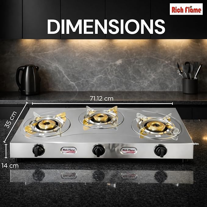 Rich Flame Gas Stove 3 Burners Steel Body | ISI Certified 3 Burner Stoves | Home & Kitchen Gas Chulha LPG & PNG Compatible | Manual Ignition Cooktops Stainless Steel Burner -Spark Vs2