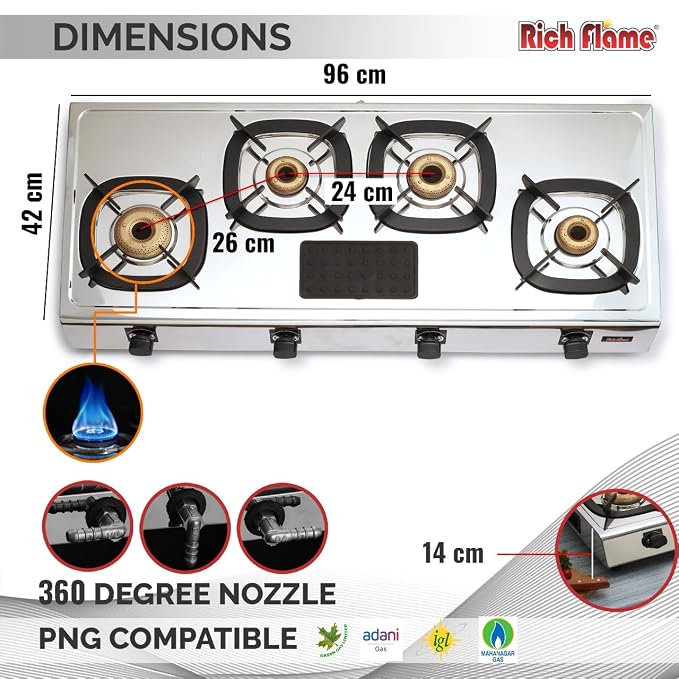 Rich Flame Gas Stove 4 Burners Steel Body | ISI Certified 4 Burner Stoves | Home & Kitchen Gas Chulha LPG & PNG Compatible | Manual Ignition Cooktops Stainless Steel Brass Burner | Quardo' Silicon