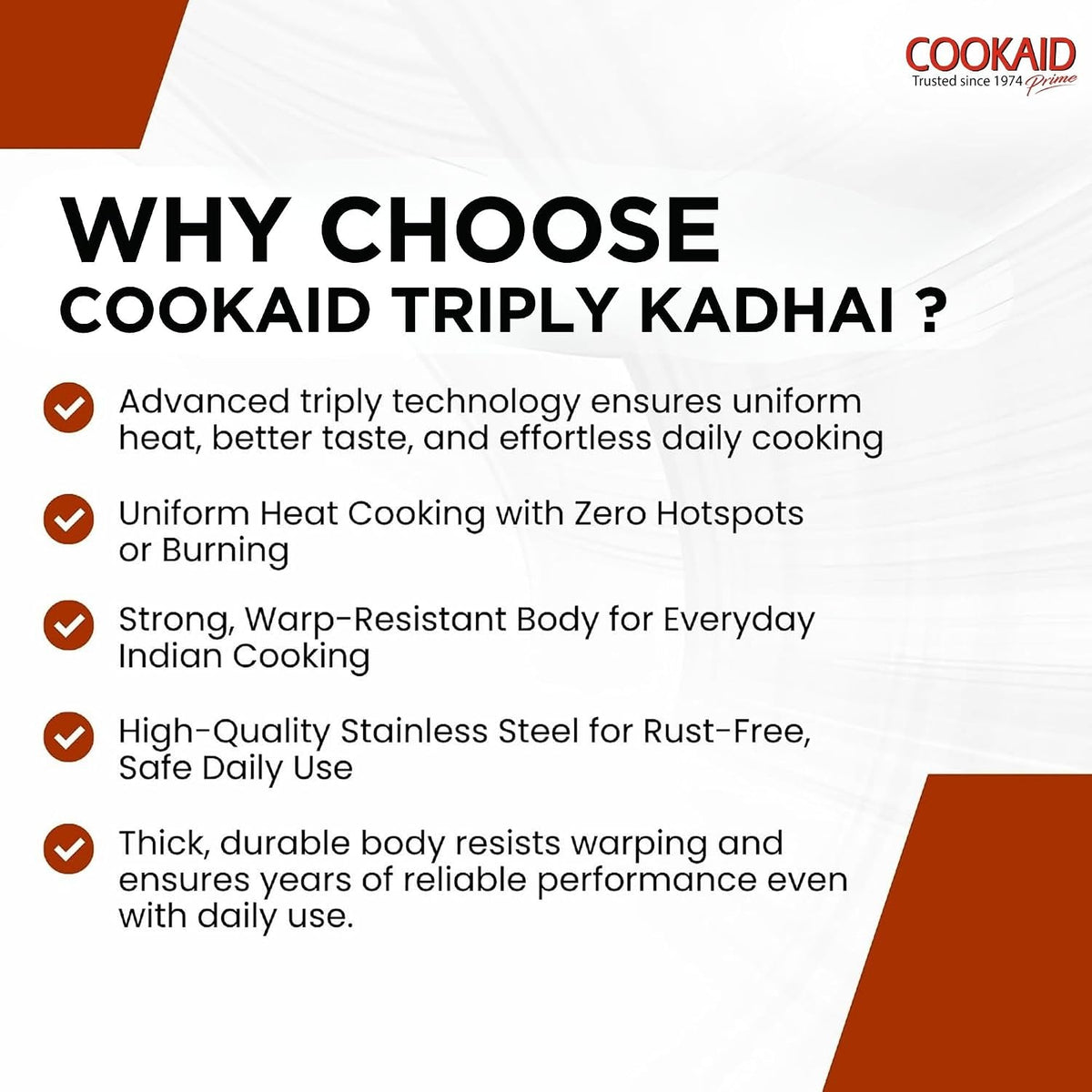Cookaid Triply Stainless Steel Kadhai 24cm with Lid | 3-Layer Triply Base | Stainless Steel Handles | Induction & Gas Compatible | Heavy Gauge | Rust-Proof | Mirror Finish | SS With Lid
