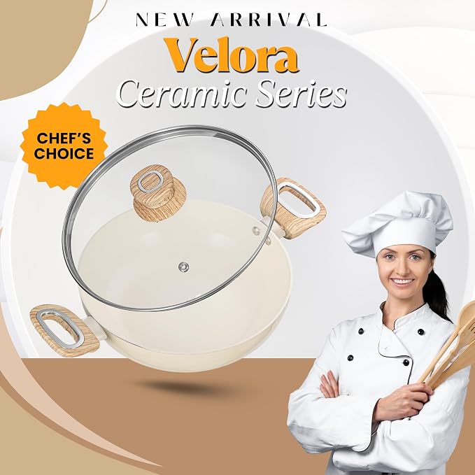 COOKAID Kadhai With Glass Lid 24cm 2.5 Litre | Velora Non Stick Ceramic Coating |  ISI Certified | Aluminium Body | Kitchen Cookware Kadai for Cooking Woks-Cream | Induction Stovetop Compatible