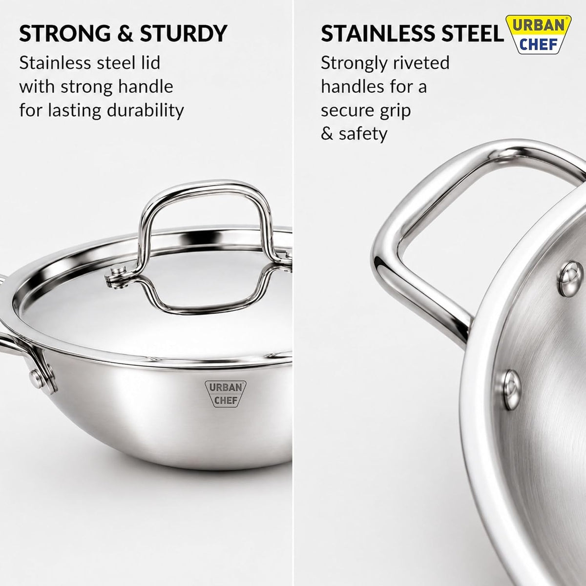 URBAN CHEF Triply Stainless Steel Kadhai with Lid 24cm | 3-Layer Triply Base | Stainless Steel Handles | Induction & Gas Compatible | Deep Frying kadai | Rust-Proof | Mirror Finish