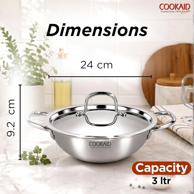 Cookaid Triply Stainless Steel Kadhai 24cm with Lid | 3-Layer Triply Base | Stainless Steel Handles | Induction & Gas Compatible | Heavy Gauge | Rust-Proof | Mirror Finish | SS With Lid