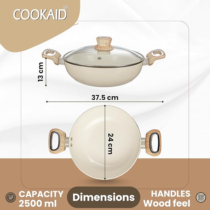 COOKAID Kadhai With Glass Lid 24cm 2.5 Litre | Velora Non Stick Ceramic Coating |  ISI Certified | Aluminium Body | Kitchen Cookware Kadai for Cooking Woks-Cream | Induction Stovetop Compatible