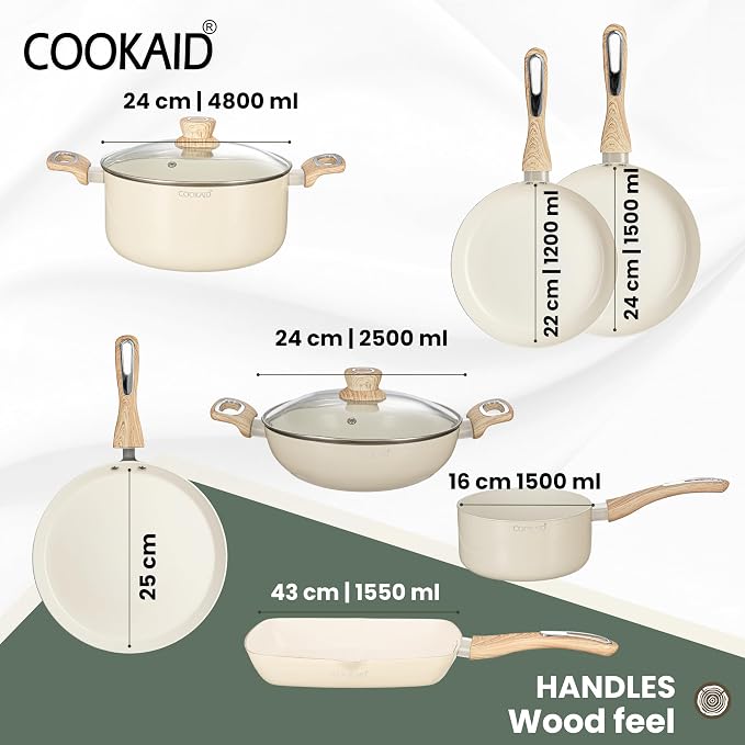 COOKAID Cookware Set Non Stick | 11Pcs Set - Kadhai & Casserole with Lid, 2Fry Pan, Toasting Pan, Saucepan & Dosa Tawa with 2Pcs Nylon Tool | Gas & Induction Compatible (Black, Cookware 11 pcs)