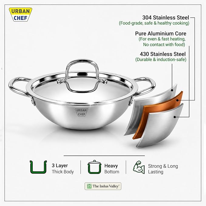 URBAN CHEF Triply Stainless Steel Kadhai with Lid 24cm | 3-Layer Triply Base | Stainless Steel Handles | Induction & Gas Compatible | Deep Frying kadai | Rust-Proof | Mirror Finish
