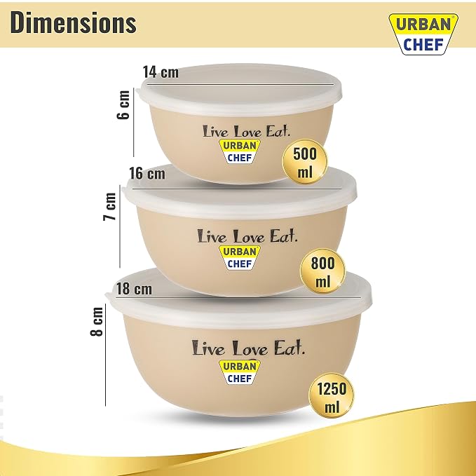 URBAN CHEF Mixing Bowl Set of 3 Stainless Steel (500ml, 800ml, 1250ml) | Microwave Safe & Dishwasher Safe | ISI Certified Bowls | Bowl Set With Lid | Serving Bowls | Blue