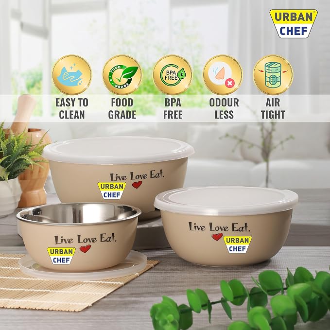 URBAN CHEF Mixing Bowl Set of 3 Stainless Steel (500ml, 800ml, 1250ml) | Microwave Safe & Dishwasher Safe | ISI Certified Bowls | Bowl Set With Lid | Serving Bowls | Blue