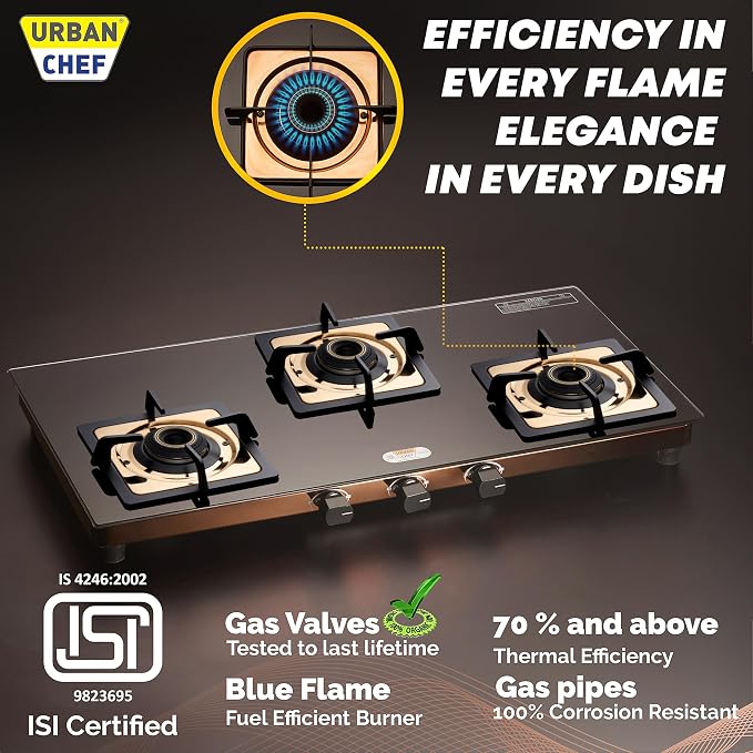 Urban Chef Gas Stove 3 Burners Glass Top | ISI Certified 3 Burner Stoves | Home & Kitchen Gas Chulha LPG & PNG Compatible | Brass Burner Manual Ignition Cooktops | Gas Stove, 360° Nozzle-Rose Gold PVD