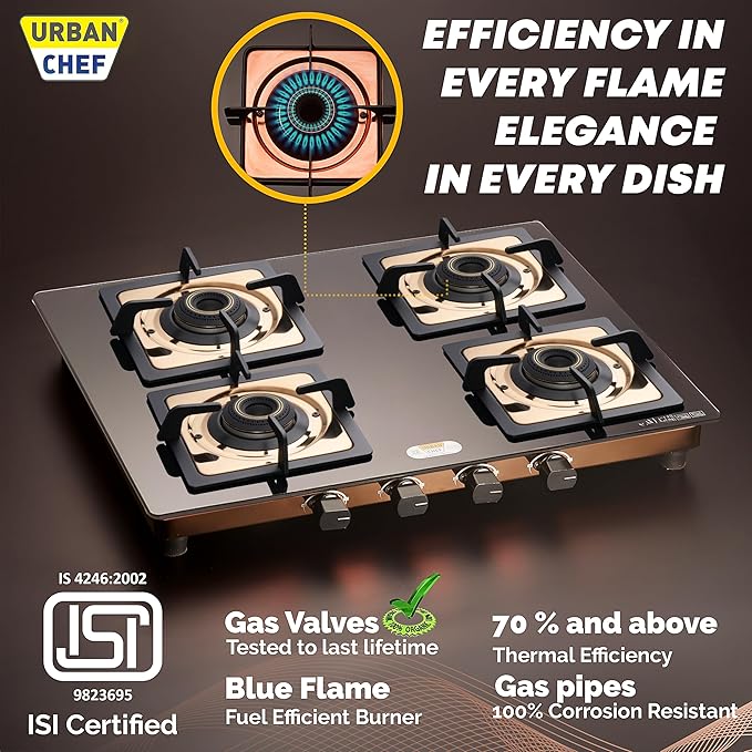 Urban Chef Gas Stove 4 Burners Glass Top | ISI Certified 4 Burner Stoves | Kitchen Gas Chulha LPG & PNG Compatible | Toughned Brass Burner Manual Ignition Cooktops | Stove,360° Nozzle-Rose Gold PVD