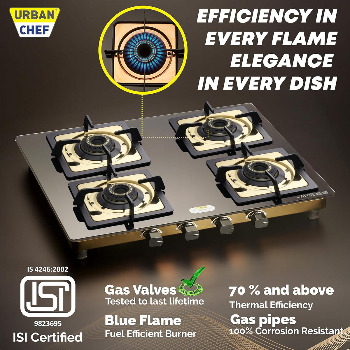 Urban Chef Gas Stove Tempered Glass | ISI Certified Stoves | Kitchen Gas Chulha LPG & PNG Compatible | Brass Burner Manual Ignition Cooktops | Glass Stove, 360° Nozzle-Gold PVD